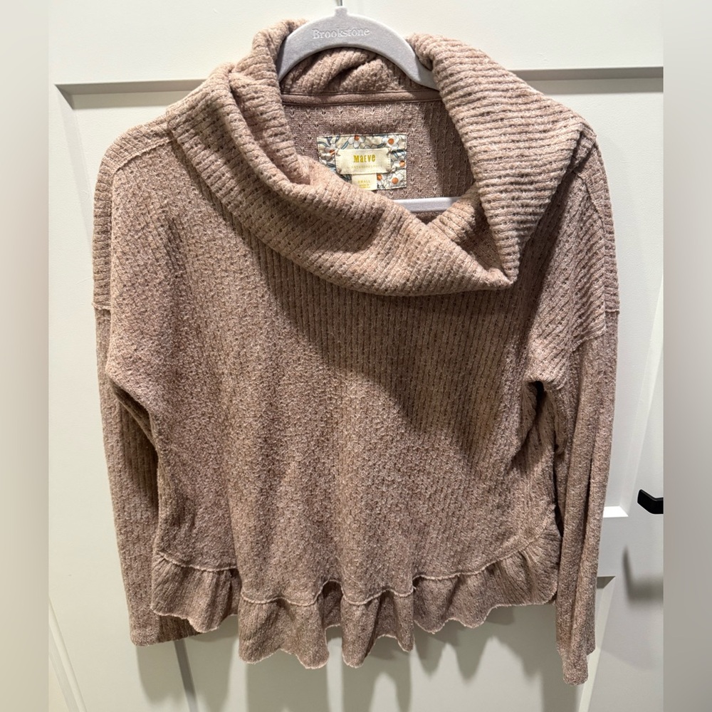 Maeve Anthropologie Cowl Neck Ribbed Sweater Small Taupe Ruffle Hem Cozy Knit